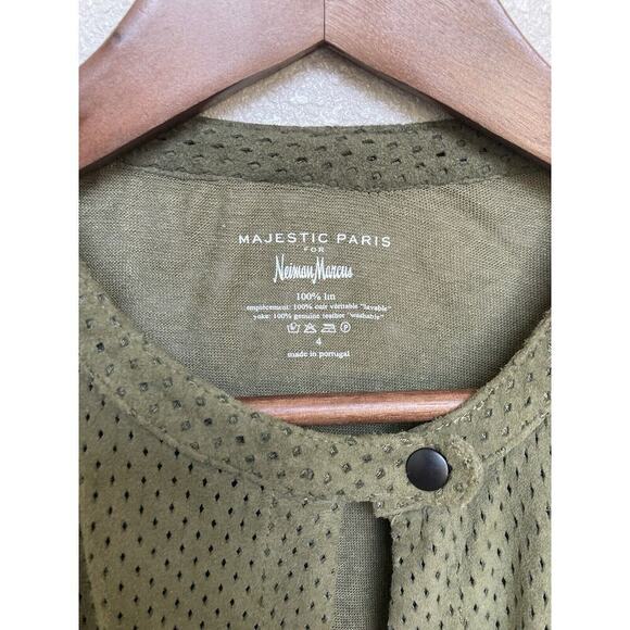 Majestic Paris for Neiman Marcus olive green linen leather jacket womens size 4 - Picture 3 of 4